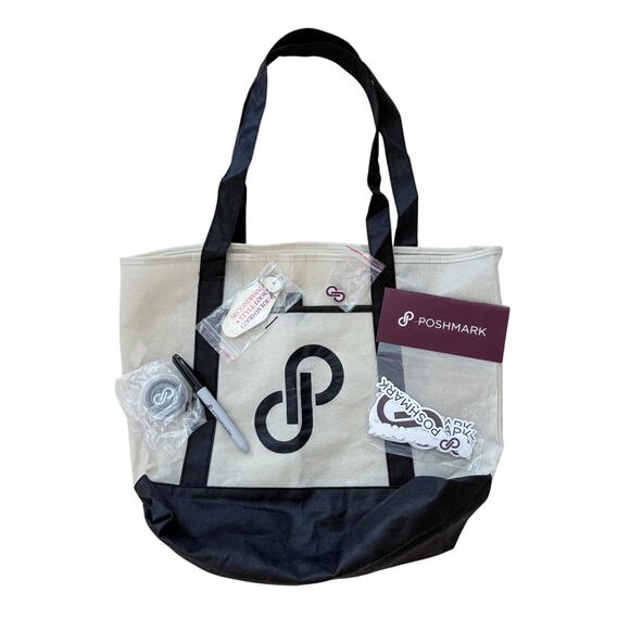 Poshmark Posh Swag Bag Filled With 5 Posh Merchandise Items Cream Black Tote - Picture 9 of 9